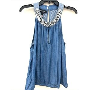 INC International Concepts Size M‎ Jeweled Neck Jean Inspired Top Classic